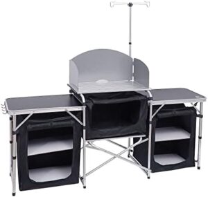 Discover the ultimate camping companion: Nice C's Folding Kitchen Table with Light Stand and Windshield Cooking Station. Perfect for outdoor adventures, beach trips, BBQs, picnics, indoor use or office needs, this versatile table comes with 3 organizers and a carry bag.
