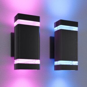 "Enhance your outdoor space with this Up and Down Outdoor Wall Light featuring RGB color changing lights, app&voice control, and ETL listed safety. Perfect for porch or garage lighting, 6500K brightness, black square design."