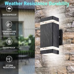 "Enhance your outdoor space with this Up and Down Outdoor Wall Light featuring RGB color changing lights, app&voice control, and ETL listed safety. Perfect for porch or garage lighting, 6500K brightness, black square design."