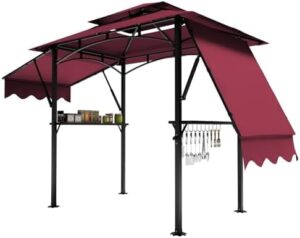 "Transform your outdoor gatherings with this 8x5 Grill Gazebo Canopy, featuring LED lights, extra shadows, and practical accessories like bottle openers and hanging hooks. Perfect for patios, backyards, gardens, or beach parties."