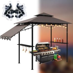 Transform your outdoor gatherings with the 5x11' Grill Gazebo featuring extra shadow, 33ft lights, and LED lighting with 40 bulbs for a waterproof patio party experience.