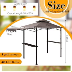 Transform your outdoor gatherings with the 5x11' Grill Gazebo featuring extra shadow, 33ft lights, and LED lighting with 40 bulbs for a waterproof patio party experience.