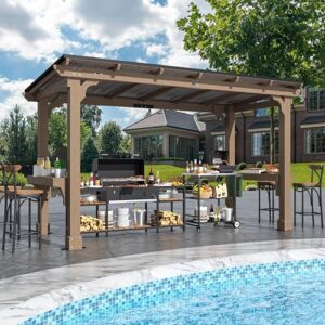 "Maximize your outdoor gatherings with the 6x13 FT Wooden Grill Gazebo, featuring a Sloping Metal Roof and stakes for secure installation. Perfect for patios, gardens, or lawns."