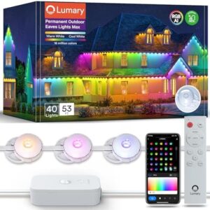 Illuminate your outdoor space with Lumary's Permanent Outdoor Lights, featuring 40 LED Eave Lights with RGBAICW color mode and IP67 waterproofing. Control scenes for Halloween or Christmas with IC control. Works with Alexa and Google Assistant.