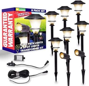 Transform your outdoor space with the GreenLighting Low Voltage Landscape Lights 8-Pack. Includes 6 stake lights and 2 flood spotlights plus a transformer, perfect for yard, pathway, garden & deck lighting.