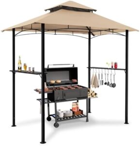 Elevate your outdoor cooking experience with the 8'x5' Grill Gazebo Canopy, featuring LED light and patio shelter. Perfect for BBQ enthusiasts, this khaki gazebo provides shade and ambiance.