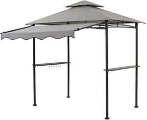 Enhance your outdoor gatherings with the CHARMELEON Double Tiered Grill Gazebo, a 5x8 ft patio canopy tent featuring stretchable side awnings and light grey color. Perfect for BBQs and parties!