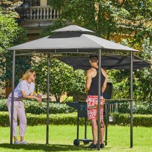 Enhance your outdoor gatherings with the CHARMELEON Double Tiered Grill Gazebo, a 5x8 ft patio canopy tent featuring stretchable side awnings and light grey color. Perfect for BBQs and parties!