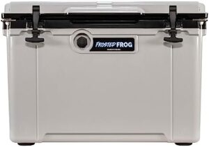 "Stay cool and organized with the Made in USA Frosted Frog Hyper-Light 54 Quart Hard Cooler, ideal for beach trips, camping, or boat outings. Enjoy up to 30% lighter storage without sacrificing performance."