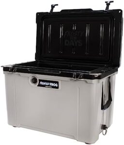 "Stay cool and organized with the Made in USA Frosted Frog Hyper-Light 54 Quart Hard Cooler, ideal for beach trips, camping, or boat outings. Enjoy up to 30% lighter storage without sacrificing performance."