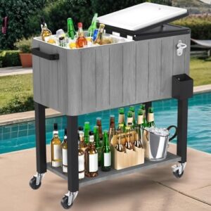 Here is the optimized SEO meta description:

"Stay cool and organized at outdoor gatherings with this 80-quart DWVO ice chest featuring wheels, bottle opener, drainage, and a handle for easy transport."
