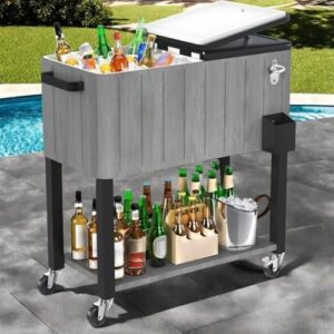 Here is the optimized SEO meta description:

"Stay cool and organized at outdoor gatherings with this 80-quart DWVO ice chest featuring wheels, bottle opener, drainage, and a handle for easy transport."