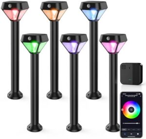 Illuminate your outdoor space with XMCOSY+ Smart Solar Lights, featuring motion sensor technology and RGBWC color changing options. Perfect for yards, pathways, and landscapes, waterproof and Alexa compatible, 6-pack included.