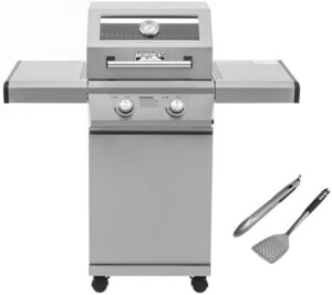 Cook up delicious meals with the Monument Grills 14633 2-Burner Stainless Steel Liquid Propane Gas Grill, featuring Clearview Lid and knob controls. Includes BBQ tool set for effortless grilling.