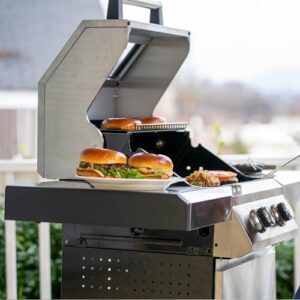 Cook up delicious meals with the Monument Grills 14633 2-Burner Stainless Steel Liquid Propane Gas Grill, featuring Clearview Lid and knob controls. Includes BBQ tool set for effortless grilling.