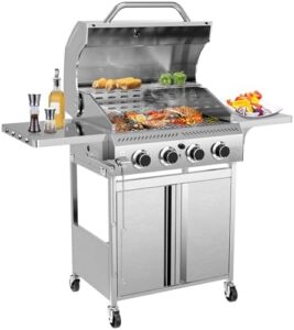 Here is the generated SEO meta description:

"Upgrade your outdoor cooking experience with R.W.FLAME's 4-Burner Gas BBQ Grill, featuring 32,000 BTU, top cover lid, wheels, and side storage shelves. Perfect for patio, garden, camping, or backyard barbecues."