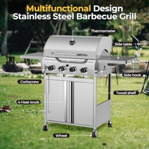 Here is the generated SEO meta description:

"Upgrade your outdoor cooking experience with R.W.FLAME's 4-Burner Gas BBQ Grill, featuring 32,000 BTU, top cover lid, wheels, and side storage shelves. Perfect for patio, garden, camping, or backyard barbecues."