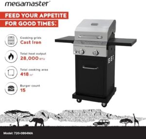Here is the generated meta description:

"Fuel outdoor adventures with this powerful 2-Burner Propane Barbecue Gas Grill, featuring foldable tables and 28000 BTUs. Perfect for camping, patio or garden cooking!"