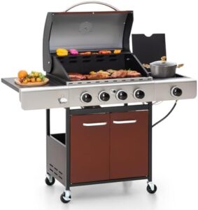 Here is the generated meta description:

"Experience backyard barbecue perfection with this MFSTUDIO gas grill featuring 4 burners and a side burner. Porcelain-enameled cast iron grates ensure even cooking, while its 42,000BTU output heats up quickly. Get ready to savor every bite!"