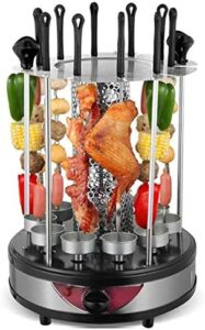 Vertical rotating barbecue grill for smoke-free grilling at home parties. Features electric rotisserie for kebabs, skewers, and roasts. Perfect for effortless cooking and serving.