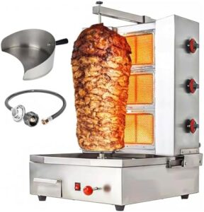 Savor flavorful doner kebabs at home with the 3-burner Shawarma Machine, featuring a vertical rotisserie and meat catcher. Perfect for kitchen use, this propane-powered grill allows for easy cooking of shawarmas, gyros, and more! Get ready to spice up your meals with discounts on this fantastic product!