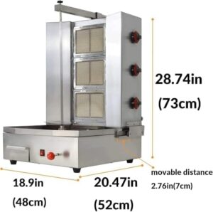 Savor flavorful doner kebabs at home with the 3-burner Shawarma Machine, featuring a vertical rotisserie and meat catcher. Perfect for kitchen use, this propane-powered grill allows for easy cooking of shawarmas, gyros, and more! Get ready to spice up your meals with discounts on this fantastic product!