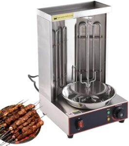 "Revolutionize your home cooking with the Electric Vertical Rotisserie Shawarma Broiler, featuring 2 heating tubes and a temperature chime for precise control. Perfect for home or restaurant use, this stainless steel machine offers 110V power and 2400W output."