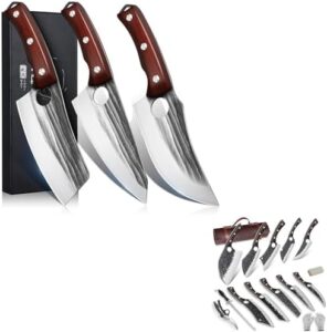 Master the art of meat cutting and prep with our Serbian Chef Knife Set, hand forged for a lifetime of sharpness. Includes knife bag and 5-piece set for meats, veggies, camping, BBQ - perfect gifts!