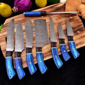 Elevate your cooking experience with this custom-made Damascus steel knives set, featuring 8 utility chef knives and a premium leather case roll bag for effortless storage and portability.