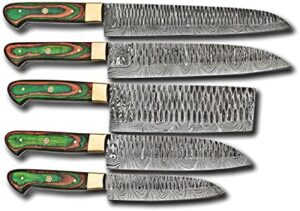 Experience the art of cooking with this Damascus Steel Kitchen Knife Set, hand-forged in 5 pieces, including chef knife, perfect for any kitchen. Enjoy a premium leather roll kit and ideal gift options for her or Christmas presents.