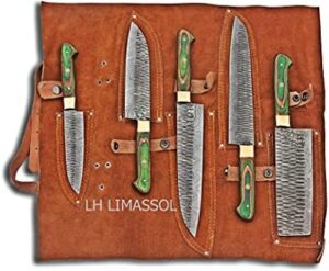 Experience the art of cooking with this Damascus Steel Kitchen Knife Set, hand-forged in 5 pieces, including chef knife, perfect for any kitchen. Enjoy a premium leather roll kit and ideal gift options for her or Christmas presents.