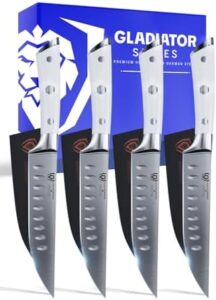 Here is the optimized meta description:

"Upgrade your dinner experience with Dalstrong's Gladiator Series Steak Knife Set. 4-5 straight blade edges forged from high-carbon German steel, featuring glacial white handles and durable sheaths. Perfect for kitchen use and serving."