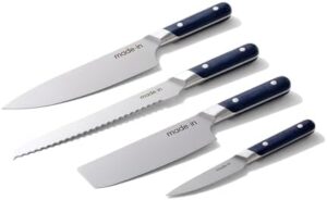 Elevate your cooking experience with this premium Made In 4 Piece Knife Set featuring chef, bread, paring, and nakiri knives. Crafted in France & Italy, enjoy full tang blades and blue handles for a perfect fit.