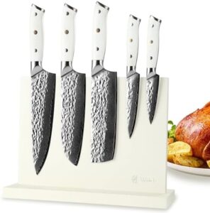 Discover the Wakoli Damascus Kitchen Knife Set, a 5-piece professional chef knife set featuring 67 layers of Damascus steel and VG10 core. Includes white G10 handles in gift box. Perfect for kitchen enthusiasts.