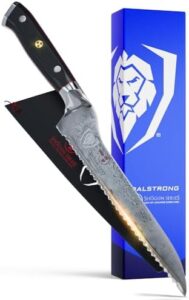 Slice through bread and more with the Dalstrong Shogun Series 8" Serrated Offset Bread Knife, featuring Damascus AUS-10V steel and G10 handle. Perfect for deli enthusiasts.