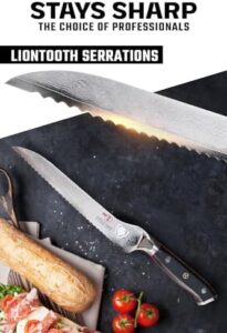 Slice through bread and more with the Dalstrong Shogun Series 8" Serrated Offset Bread Knife, featuring Damascus AUS-10V steel and G10 handle. Perfect for deli enthusiasts.