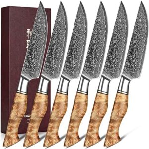 Discover the HEZHEN 6PCS Kitchen Knife Set, crafted with high-carbon steel and featuring figured sycamore wood handles. Includes porcelain gift package for a thoughtful present.