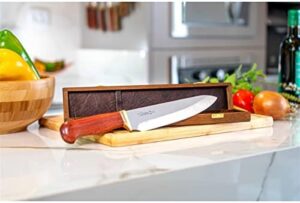 Elevate your cooking game with the Chef Tradition 8-Inch Kitchen Knife featuring handmade wood case and Swedish 14C28N stainless steel blade. Perfect for BBQ, its ergonomic hardwood handle and brass bolster provide a comfortable grip.
