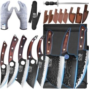 Experience the art of outdoor cooking with the XYJ Authentic 8-piece camping chef knives set, featuring a roll bag and sheath for ultimate portability. Perfect for chefs on-the-go!