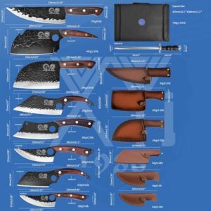 Experience the art of outdoor cooking with the XYJ Authentic 8-piece camping chef knives set, featuring a roll bag and sheath for ultimate portability. Perfect for chefs on-the-go!