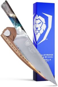 Here is the generated meta description:

"Upgrade your kitchen with the Dalstrong Valhalla Series 8-inch chef knife, featuring premium 9CR18MOV HC steel and a razor-sharp blade. Includes leather sheath for safe storage."