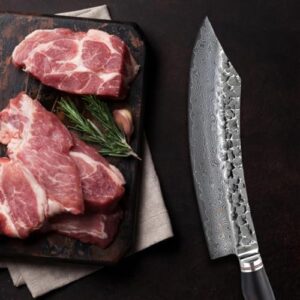 Here is the generated SEO meta description:

"Sharp and durable Wakoli butcher's knife for meat cutting. 8-inch Damascus blade with VG10 core. Dark oak wood handle provides comfort grip. Perfect for kitchen use."