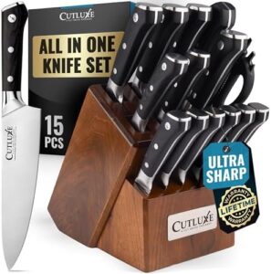 Discover the Cutluxe 15-piece knife set with block, featuring ultra-sharp high carbon German stainless steel and a full tang design. Perfect for kitchen enthusiasts.