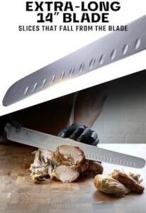 Discover the Dalstrong Extra-Long Slicing Knife, featuring 14-inch premium German steel and a G10 handle. Ideal for carving, BBQ, and brisket, with NSF certification and included sheath.
