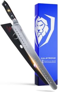 Cut through culinary tasks with the Dalstrong Slicing Knife's extra long 14" blade, featuring Japanese AUS-10V steel and G10 handle. Perfect for BBQ, brisket, and carving. Includes sheath.
