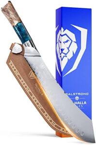 Experience the thrill of precision cutting with the Dalstrong Bull-Nose Butcher Knife, featuring 9CR18MOV HC steel and a razor-sharp edge. Perfect for BBQ enthusiasts, this knife also comes with a leather sheath and celestial resin wood handle.