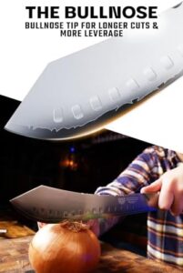 Experience the thrill of precision cutting with the Dalstrong Bull-Nose Butcher Knife, featuring 9CR18MOV HC steel and a razor-sharp edge. Perfect for BBQ enthusiasts, this knife also comes with a leather sheath and celestial resin wood handle.