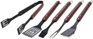 Discover the ultimate BBQ set with Laguiole's premium utensils. Includes 5 stainless steel tools with wooden and rubber grips, perfect for camping or garden use. Great gift for men.