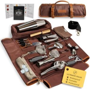 Discover the ultimate portable bartender kit with a cocktail shaker set and 24 pro bar tools. Perfect for home, bars, parties, beach, or BBQ.