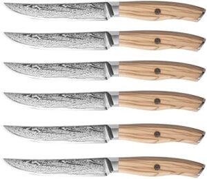Discover 6-piece steak knives with super-sharp Damascus steel and rust-resistant handles. Perfect for any meat lover, these knives come in a gift box with olive wood handles and non-serrated edges, ideal for precise cuts.